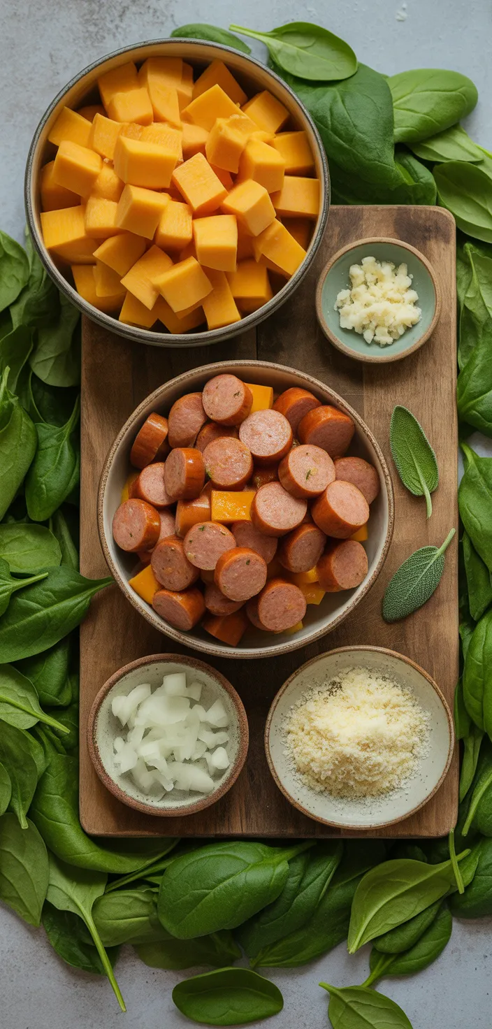 Ingredients photo for Creamy Butternut Squash Pasta With Sausage And Spinach Recipe