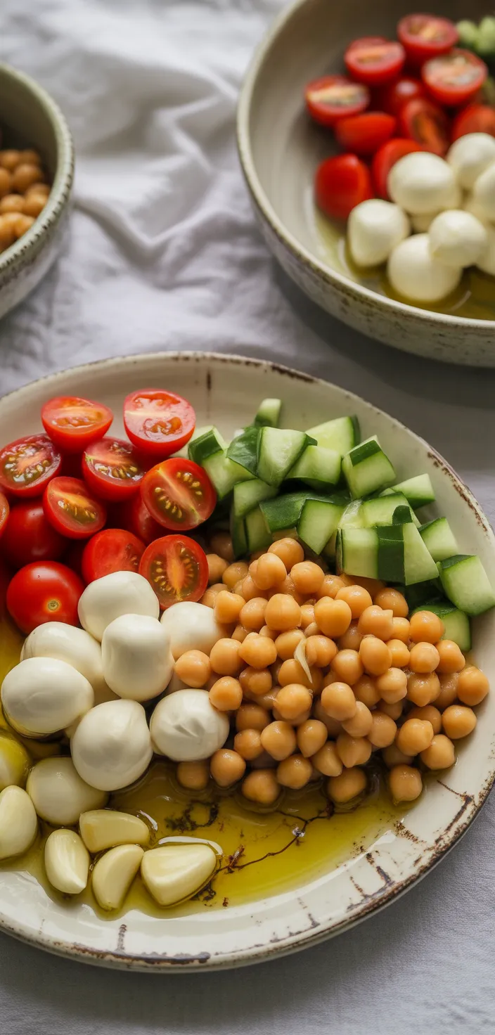 Ingredients photo for Caprese Chickpea Salad With Roasted Garlic Basil Dressing Recipe