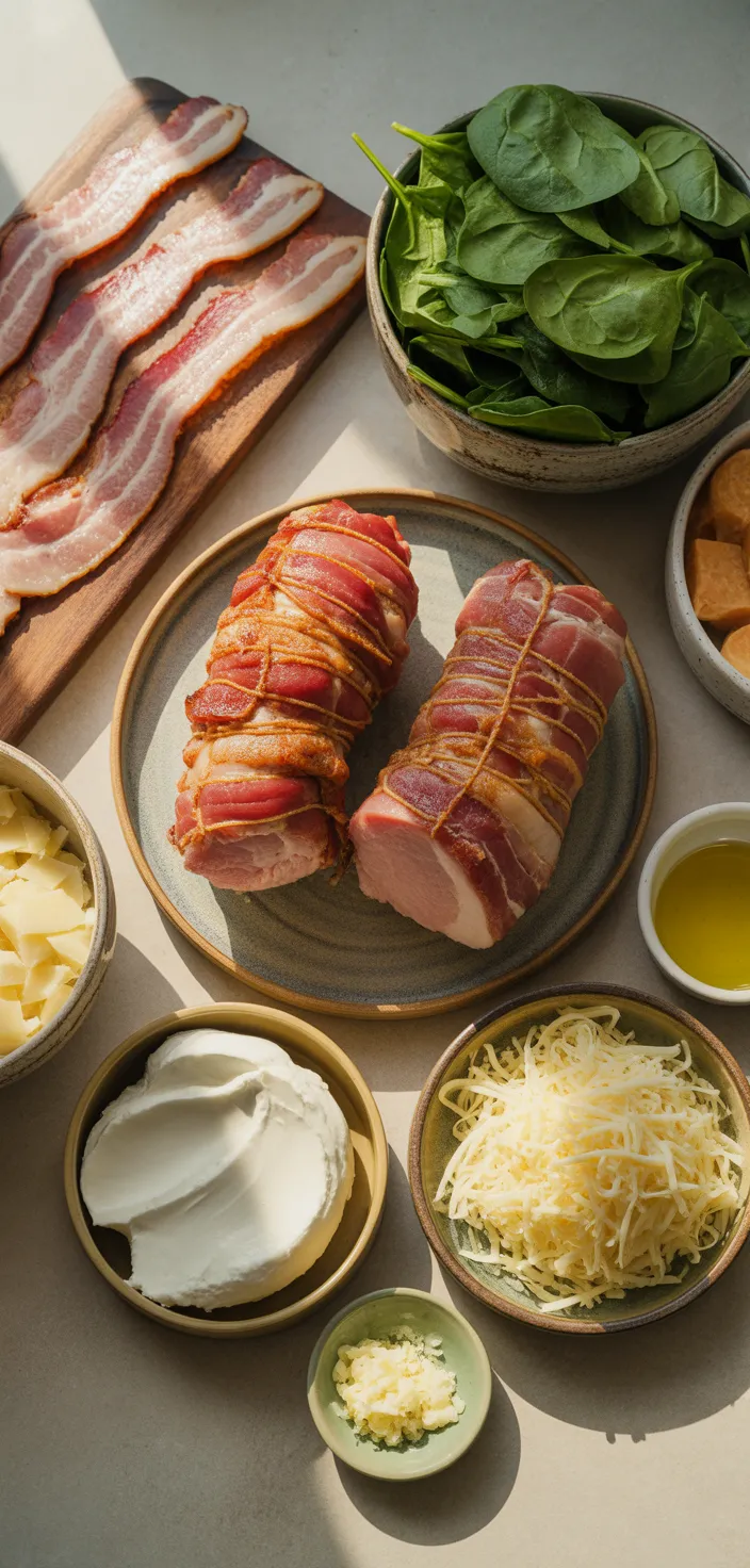 Ingredients photo for Bacon Wrapped Stuffed Pork Tenderloin With Spinach & Cheese Recipe