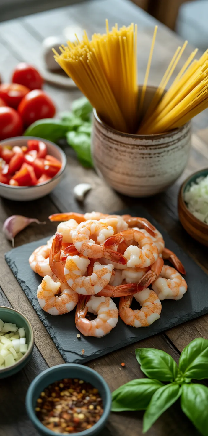 Ingredients photo for Tomato Basil Shrimp Pasta Recipe