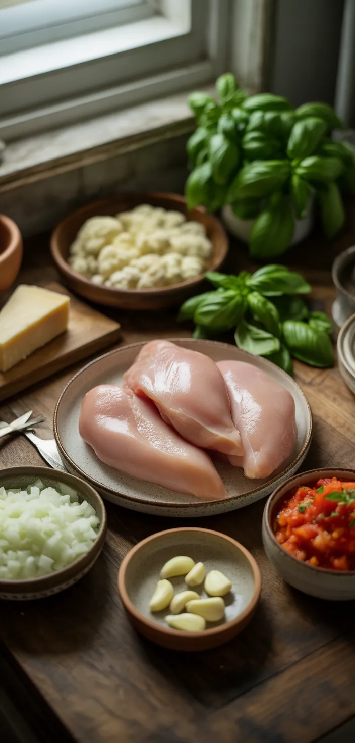 Ingredients photo for Tomato Chicken With Basil Garlic Sauce Recipe