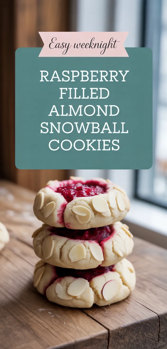 A photo of Raspberry Filled Almond Snowball Cookies Recipe