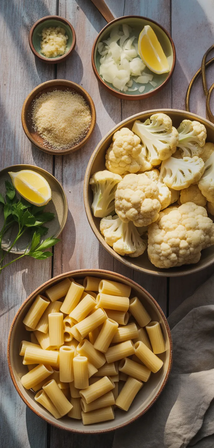 Ingredients photo for Creamy Cauliflower Rigatoni Pasta Recipe