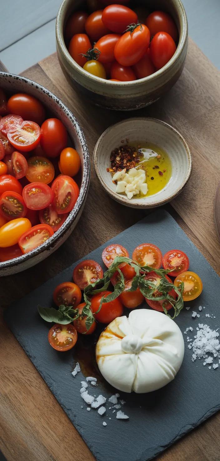 Ingredients photo for OVEN ROASTED TOMATOES & BURRATA SALAD RECIPE Recipe
