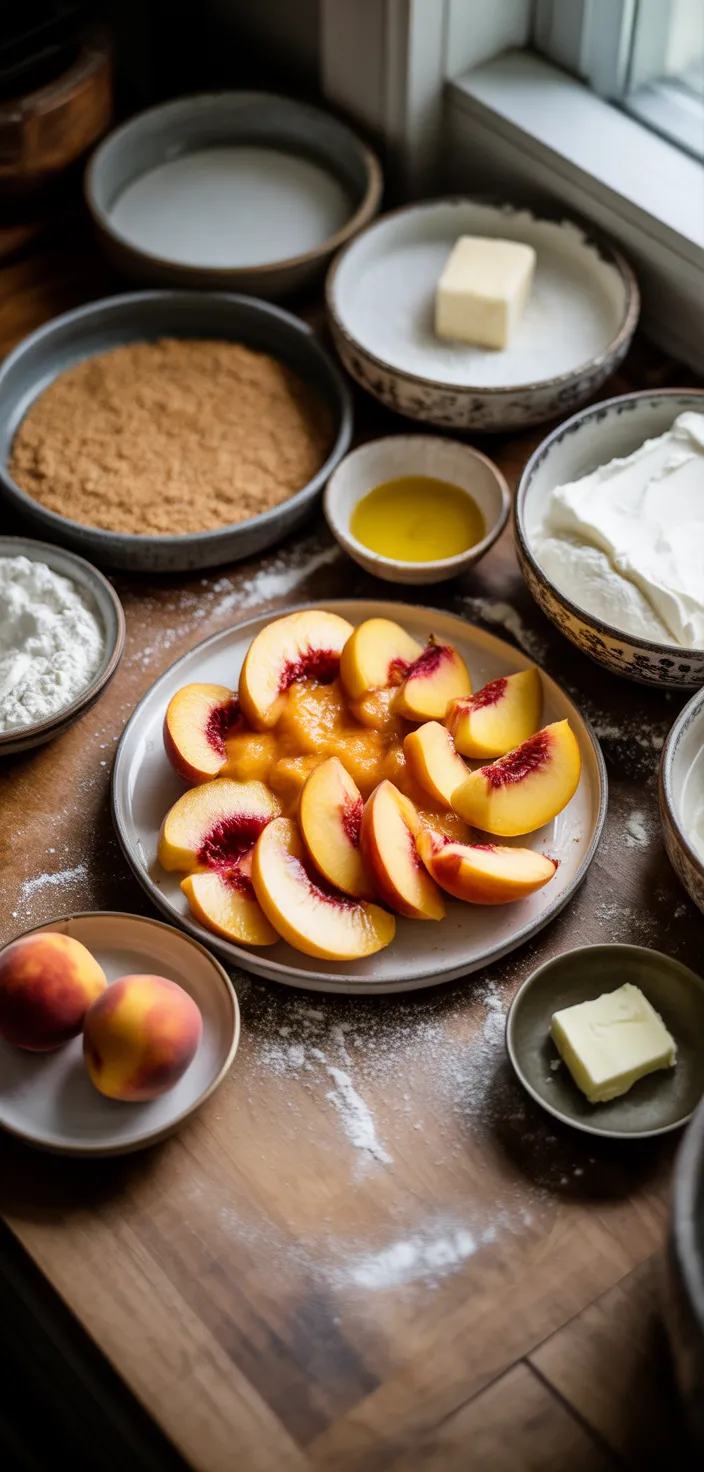 Ingredients photo for Peach Cobbler Italian Ricotta Cheesecake Recipe