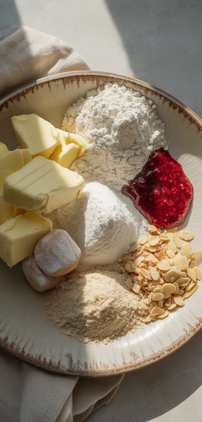 Ingredients photo for Raspberry Filled Almond Snowball Cookies Recipe