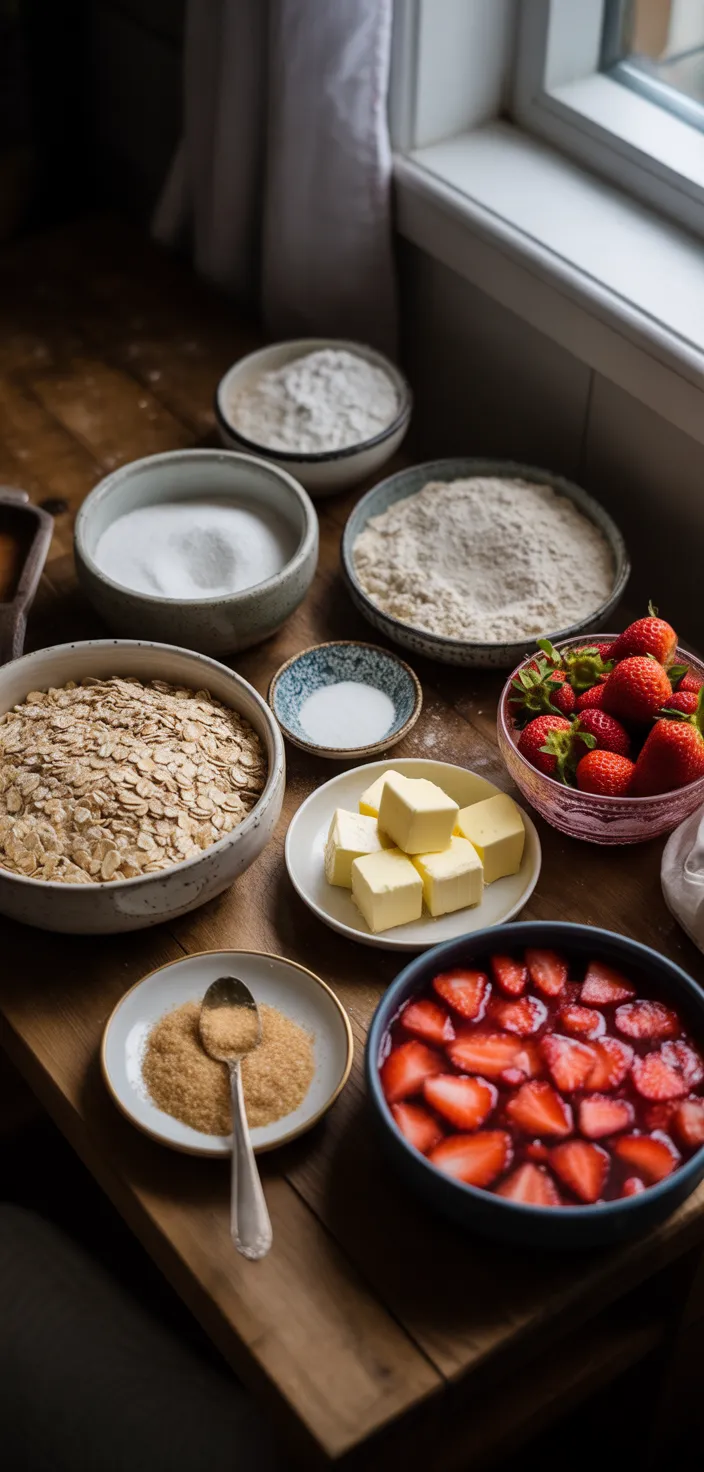 Ingredients photo for Strawberry Oatmeal Crumble Bars Recipe