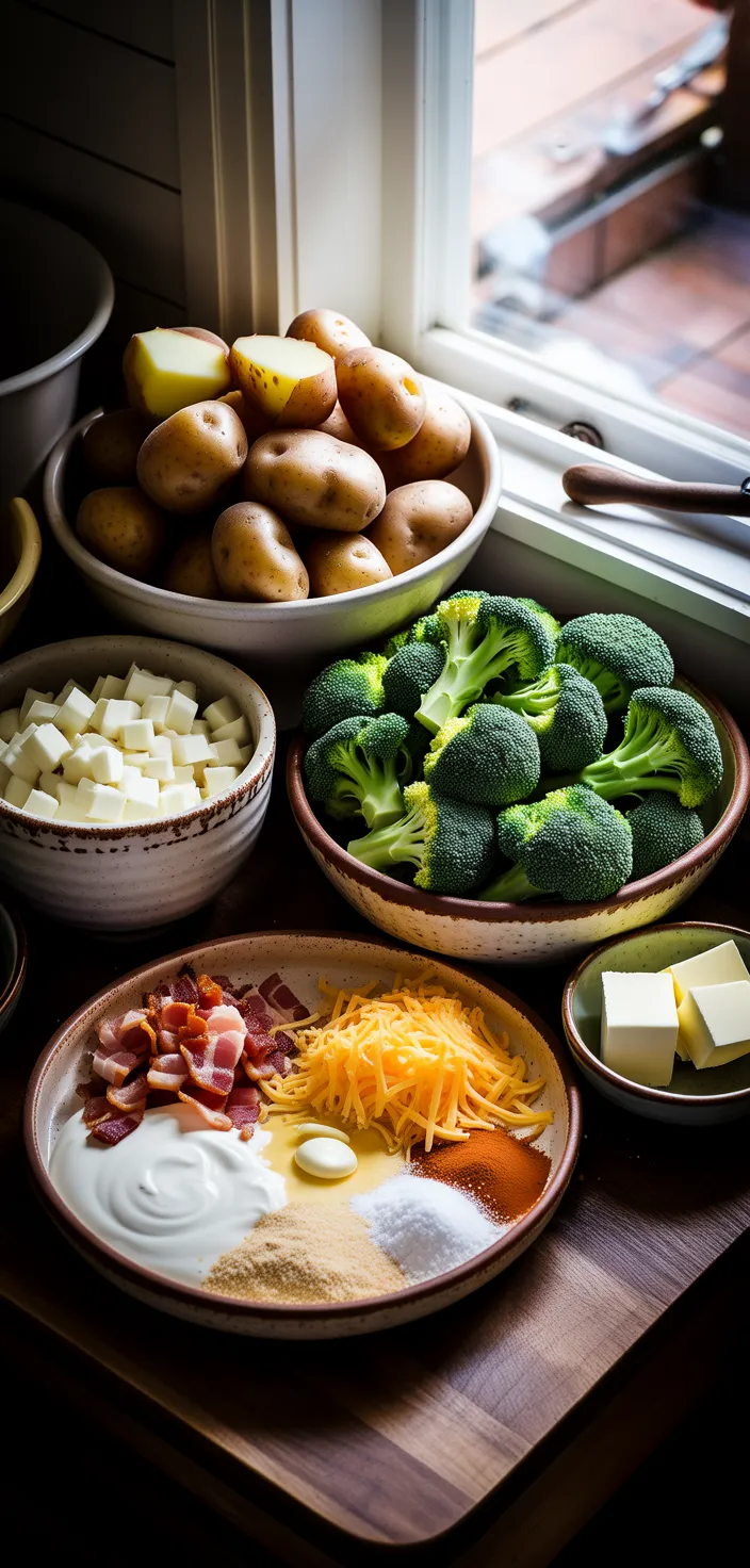 Ingredients photo for Baked Potato Casserole With Broccoli And Bacon • Recipe