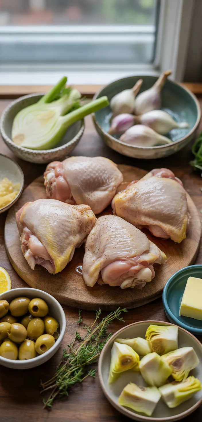 Ingredients photo for Braised Chicken Thighs With Fennel, Artichoke, And Olives Recipe