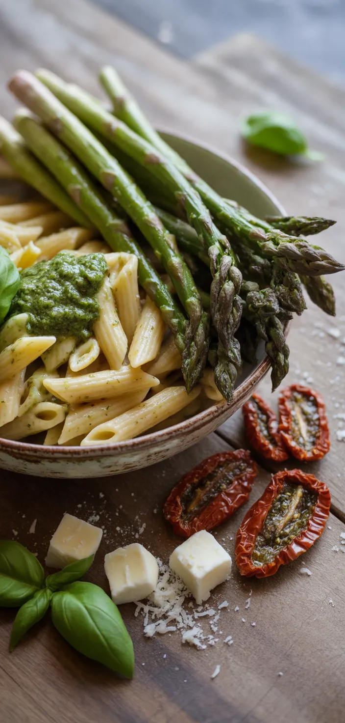 Ingredients photo for Pesto Pasta With Sun Dried Tomatoes And Roasted Asparagus Recipe