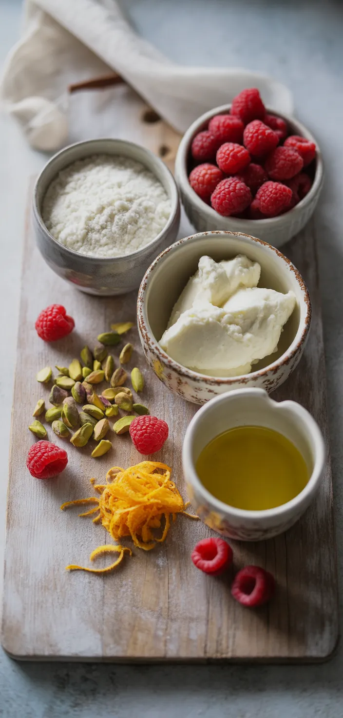 Ingredients photo for Raspberry Orange Pistachio Ricotta Cake Recipe