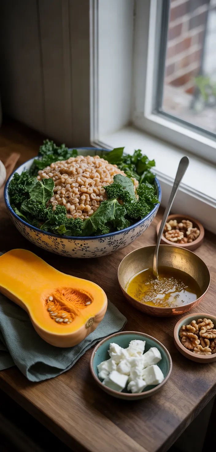 Ingredients photo for Roasted Butternut Squash Kale And Farro Salad With A Za’atar Dressing Recipe